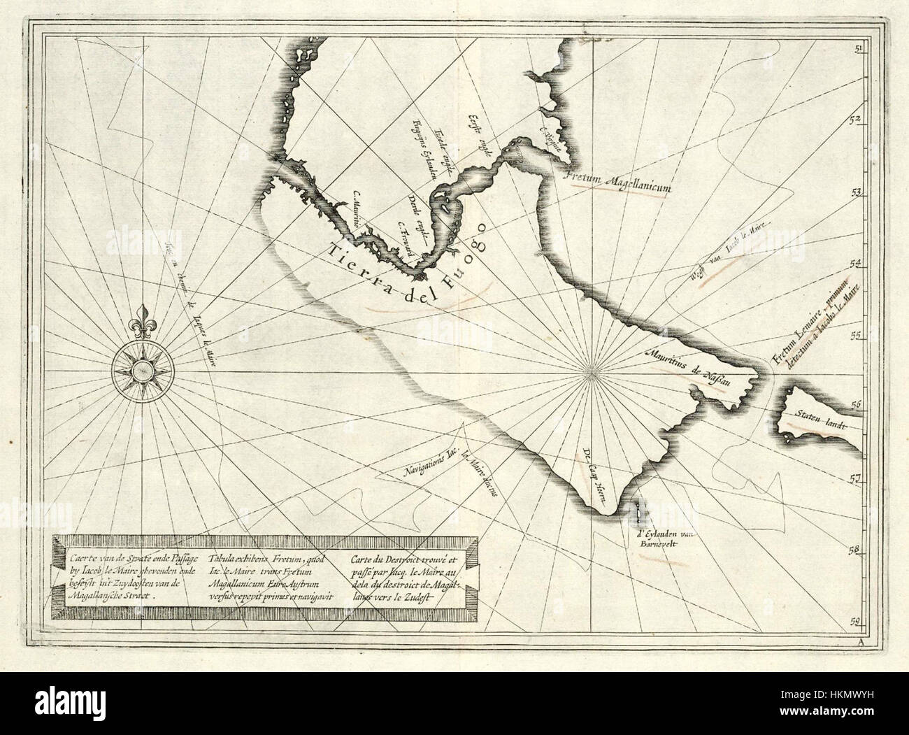 Questa mappa illustra lo stretto di le Maire, una stretta via d'acqua situata tra la punta orientale della Terra del fuoco in Sud America e il piccolo arcipelago delle Isole Wollaston. La mappa fornisce dettagli geografici chiave e funge da riferimento storico per la navigazione attraverso questo stretto. Foto Stock