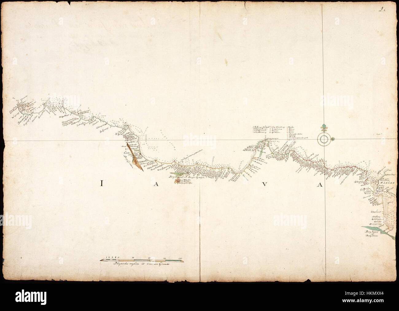 Questa mappa descrive in dettaglio la costa settentrionale di Giava, fornendo una rappresentazione storica e geografica della regione, compresi i punti di riferimento e le caratteristiche principali. Foto Stock