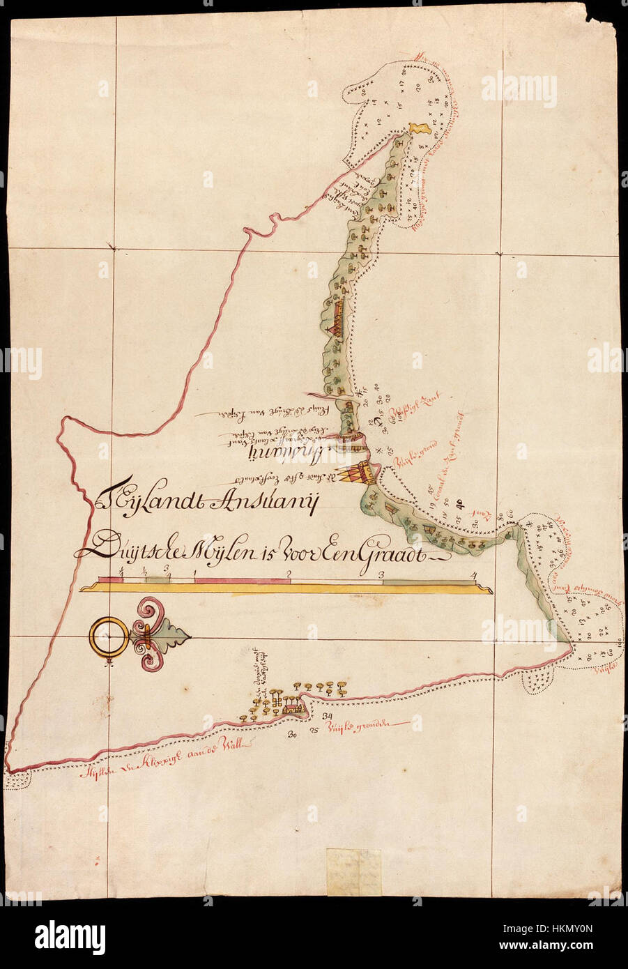 Una mappa storica che illustra dettagliatamente l'isola di Ansuany, offrendo una visione geografica di questa regione. La mappa include importanti punti di riferimento e caratteristiche topografiche. Foto Stock