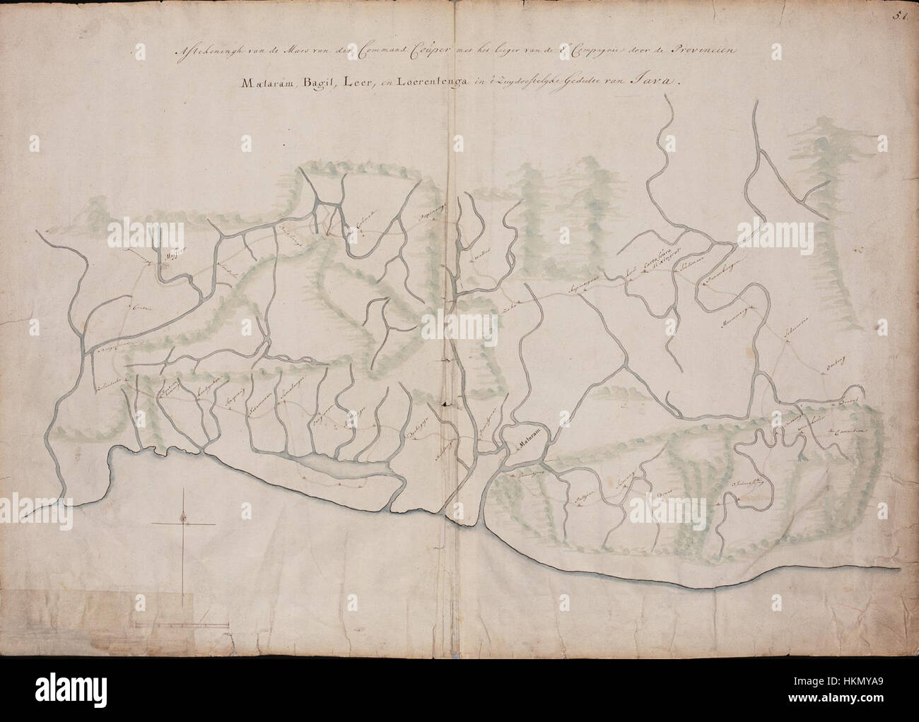 Una mappa storica che mostra parte di Giava, che mette in evidenza la spedizione del comandante Couper a Mataram, che offre informazioni sulla geografia della regione e sul percorso della spedizione. Foto Stock