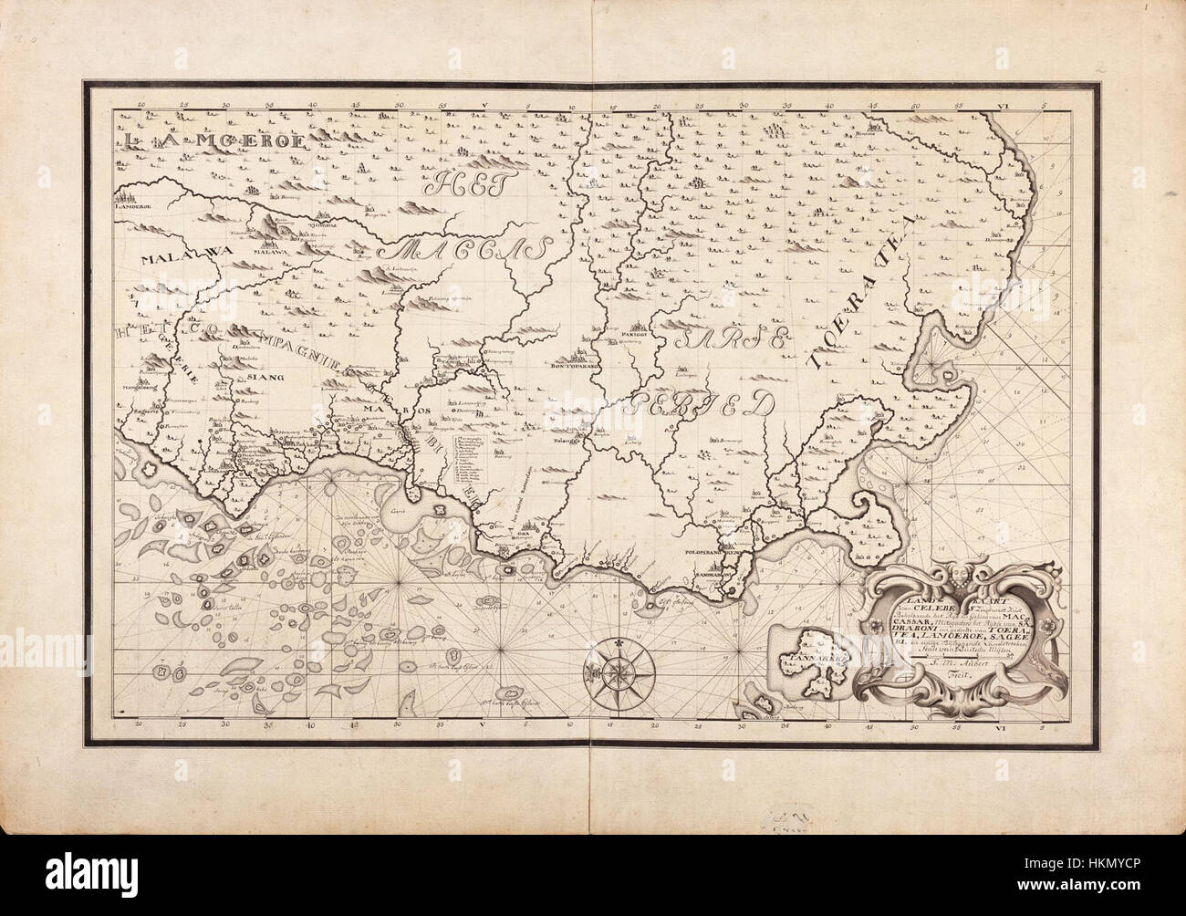 Questa mappa del XVII secolo raffigura parte della costa occidentale di Celebes (Sulawesi) sotto il controllo della compagnia olandese delle Indie Orientali. La mappa evidenzia importanti caratteristiche geografiche e insediamenti durante l'era dell'influenza coloniale europea nel sud-est asiatico. Foto Stock