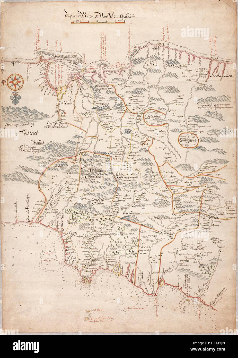 Questa mappa storica, intitolata "Mappa delle Terre di Priang", delinea parte della costa settentrionale di Giava. Mostra le caratteristiche geografiche e gli insediamenti nella regione durante il suo periodo di creazione. Foto Stock