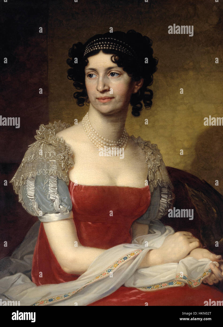 Questo ritratto di Borovikovski, intitolato "Dolgorukaia", raffigura una nobildonna della storia russa. Il dipinto dettagliato cattura l'elegante abbigliamento e la raffinata espressione del soggetto, caratteristica della ritrattistica russa del XVIII secolo. Foto Stock