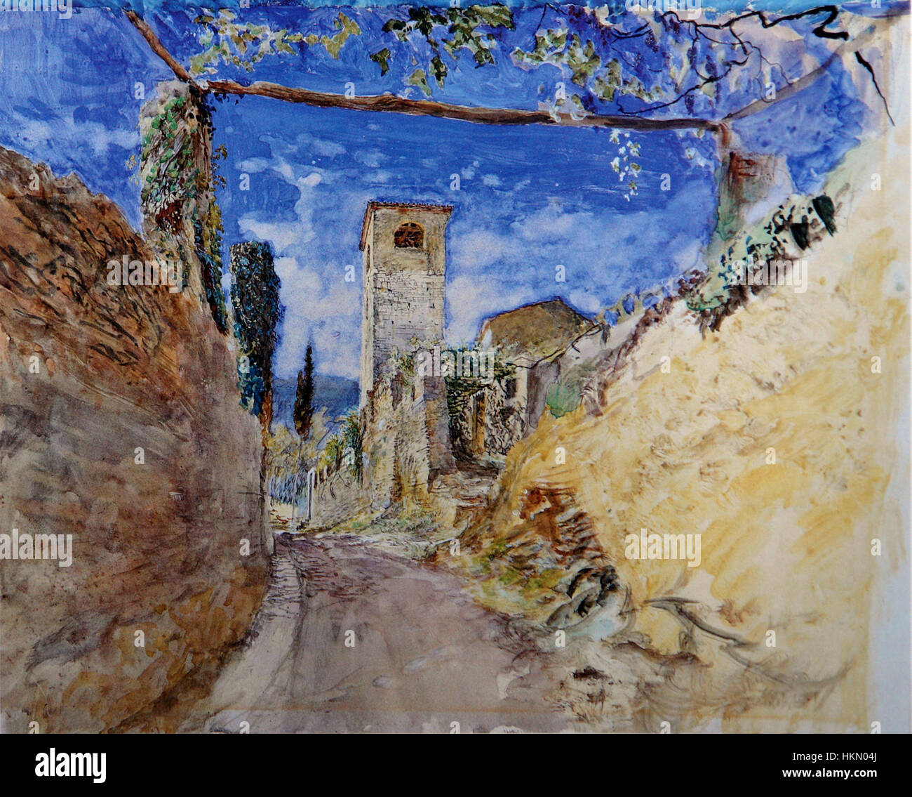 Questo dipinto raffigura una tranquilla passeggiata attraverso i vigneti di Lucca. La composizione enfatizza il paesaggio lussureggiante, le colline ondulate e la tranquillità dell'ambiente rurale, mettendo in mostra il ricco patrimonio agricolo e culturale della regione. Foto Stock Questo dipinto raffigura una tranquilla passeggiata attraverso i vigneti di Lucca. La composizione enfatizza il paesaggio lussureggiante, le colline ondulate e la tranquillità dell'ambiente rurale, mettendo in mostra il ricco patrimonio agricolo e culturale della regione. Foto Stock