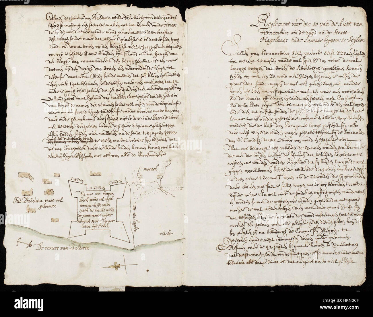 Questa mappa raffigura le fortificazioni di Valdivia, Cile, da una prospettiva storica. Illustra il posizionamento militare strategico e il design architettonico del forte durante il periodo coloniale. Foto Stock