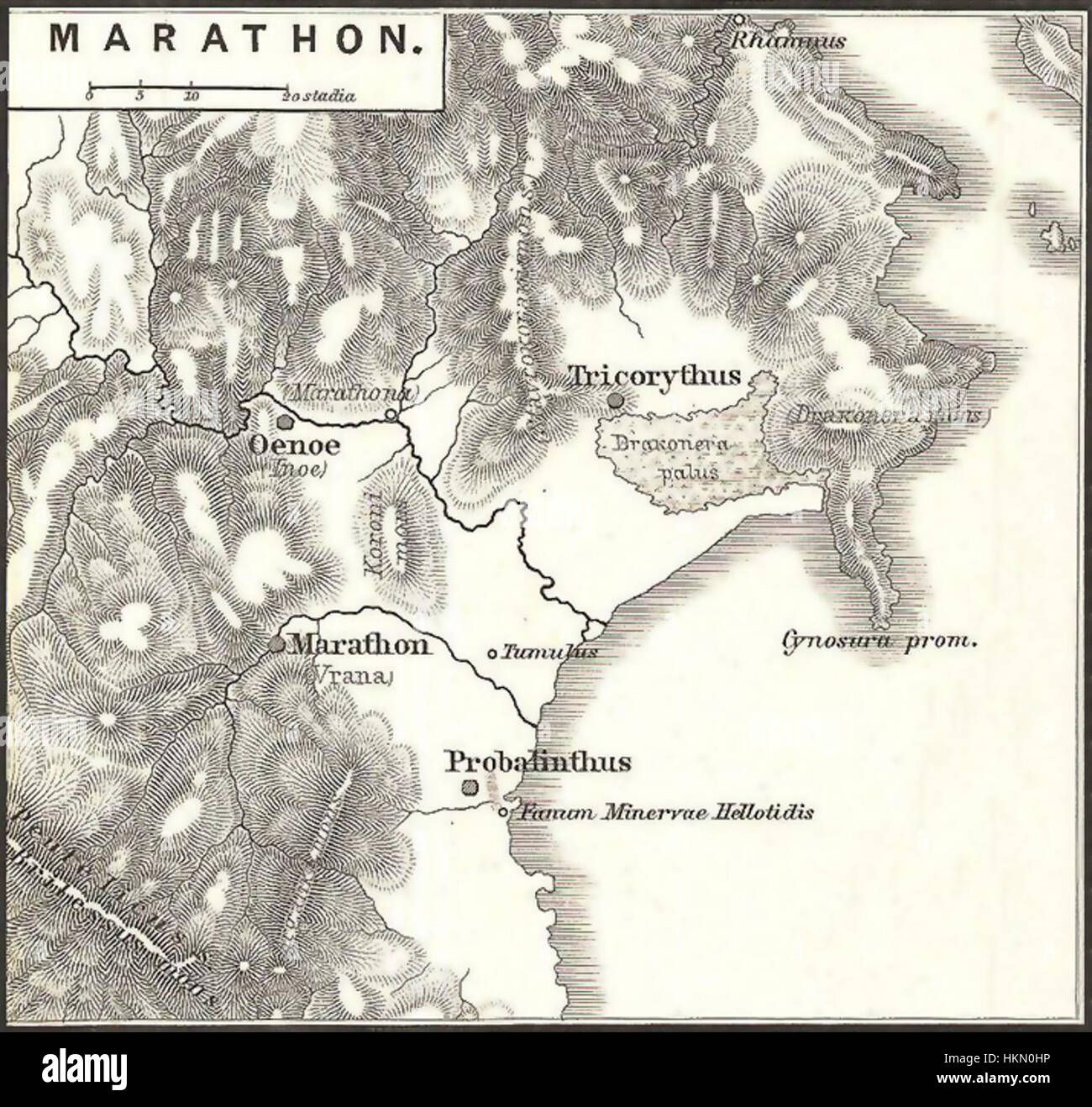 Questa mappa del 1865 di Spruner evidenzia la regione storica della Maratona in Grecia, raffigurando le caratteristiche geografiche e il significato della zona durante i tempi antichi. La mappa è un prezioso artefatto per studiare la storia e la geografia greca. Foto Stock