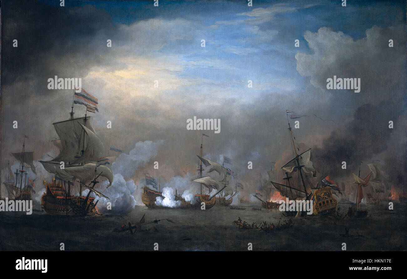Il dipinto "Battaglia di Texel" di Willem van de Velde II cattura l'intenso confronto navale tra Cornelis Tromp e Edward Spragg nel 1673. Il pezzo ritrae la natura caotica ma controllata della guerra navale durante il XVII secolo. Foto Stock