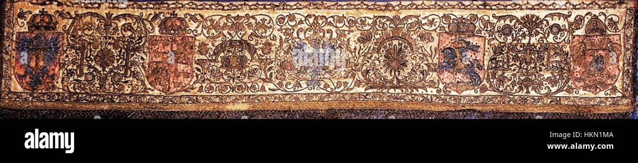 Questo anonimo dipinto ad olio raffigura un pellmet, parte del baldacchino sopra un trono appartenente al re Ladislaus Vasa. L'opera cattura dettagli intricati e design storico associati alle regalie reali del XVII secolo. Foto Stock