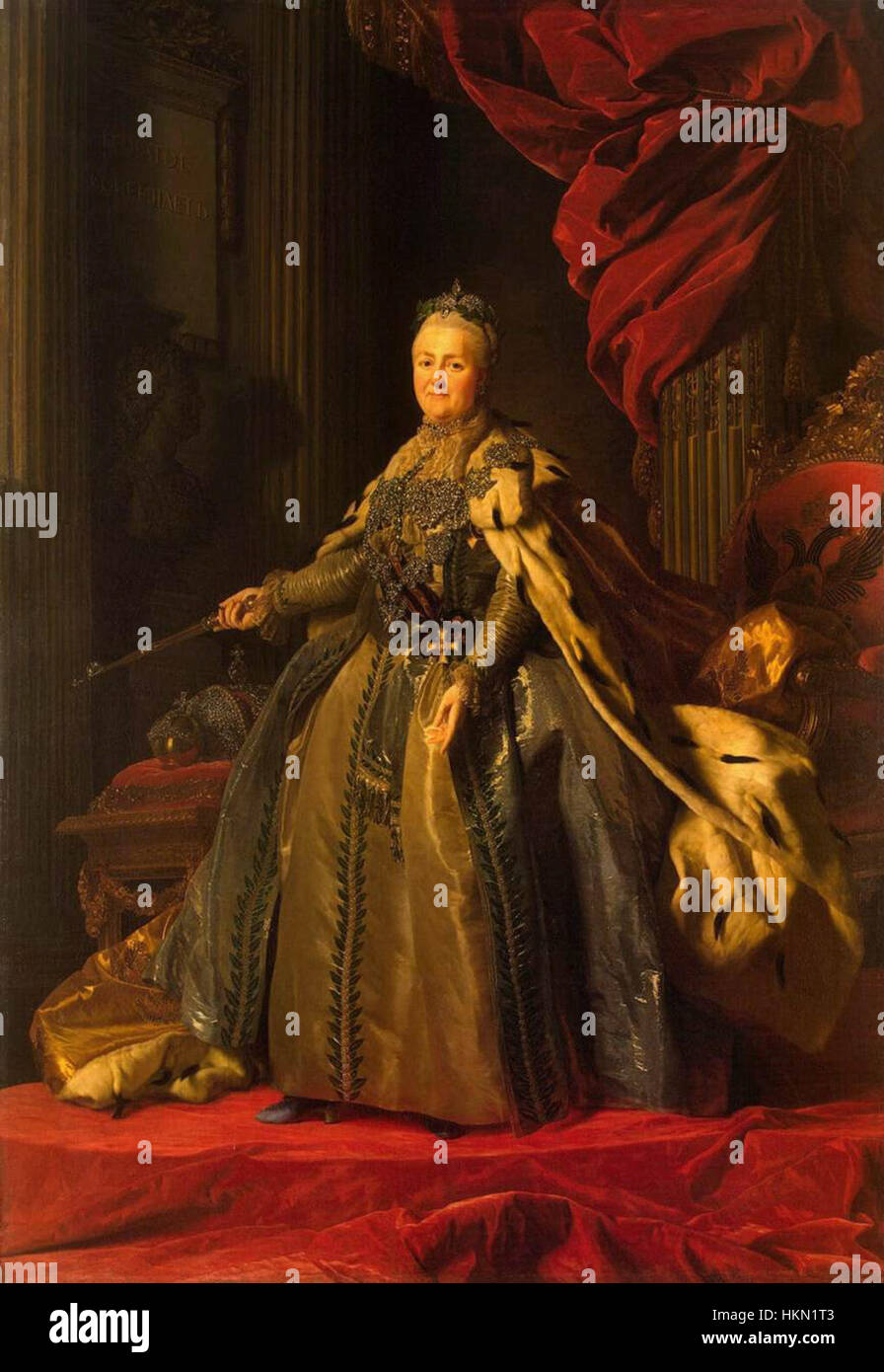 Il ritratto di Caterina II di A. Roslin (1776-7) è un dipinto ad olio conservato al Museo dell'Hermitage. L'opera d'arte presenta Caterina la grande con raffinata eleganza, mostrando il suo status imperiale. Foto Stock