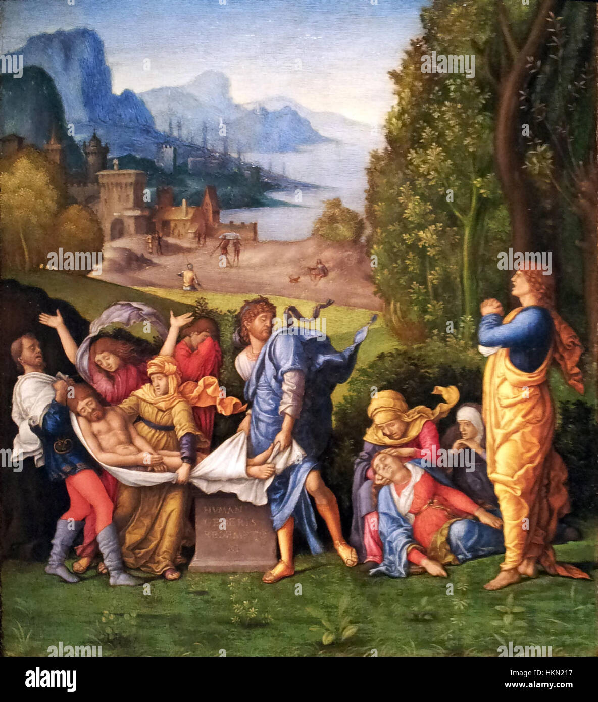 Il dipinto "Bewening van Christus" di Bernardino Parenzano, realizzato tra il 1500 e il 1510, raffigura la passione di Cristo, mettendo in mostra la devozione religiosa e le tecniche artistiche rinascimentali nella sua composizione e dettaglio. Foto Stock