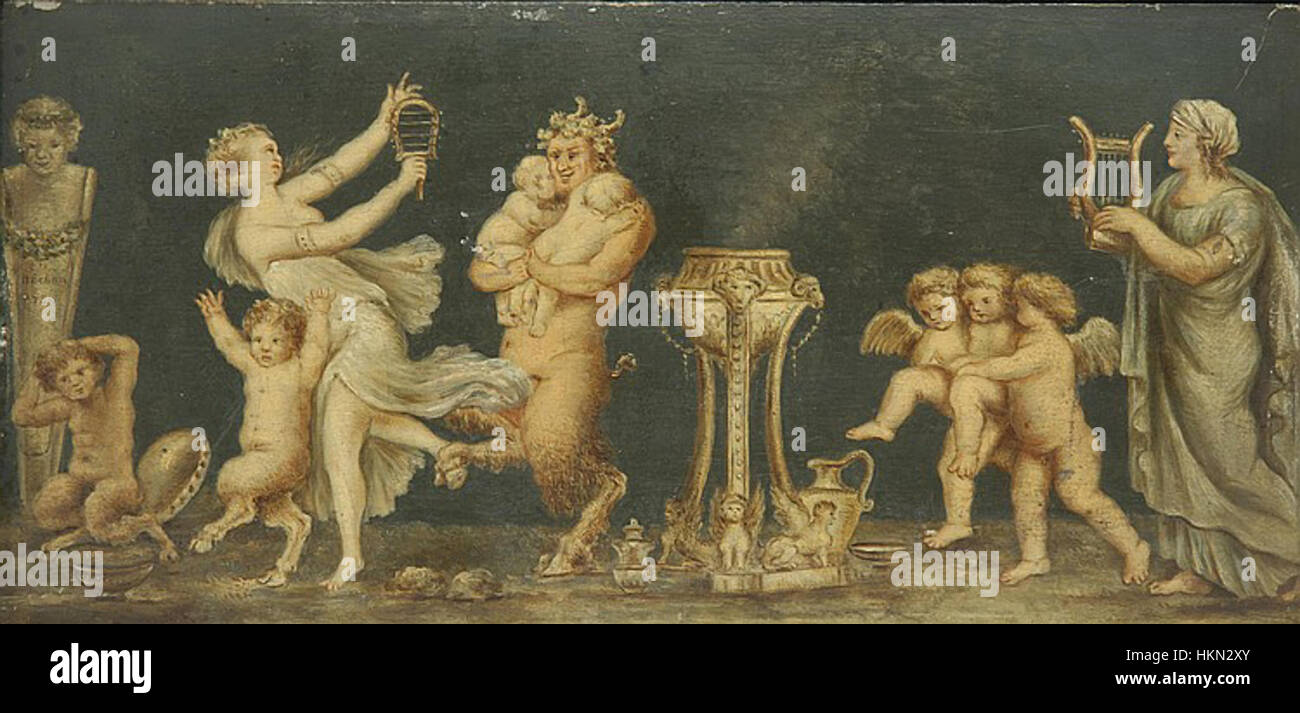 Questo dipinto di Carl Bechon raffigura una scena di baccanalia, catturando le celebrazioni energiche e selvagge associate a Bacco, il dio romano del vino e della rivelazione. I colori vivaci e la composizione espressiva evocano l'atmosfera caotica ma gioiosa delle antiche feste romane. Foto Stock