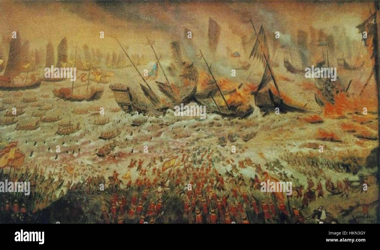 Il dipinto raffigura la battaglia di Bach Dang, una vittoria decisiva delle forze vietnamite contro le invasioni mongole nel 1288. L'opera d'arte mette in evidenza le tattiche militari strategiche e la resilienza dell'esercito vietnamita, offrendo una prospettiva storica su questa battaglia chiave. Foto Stock