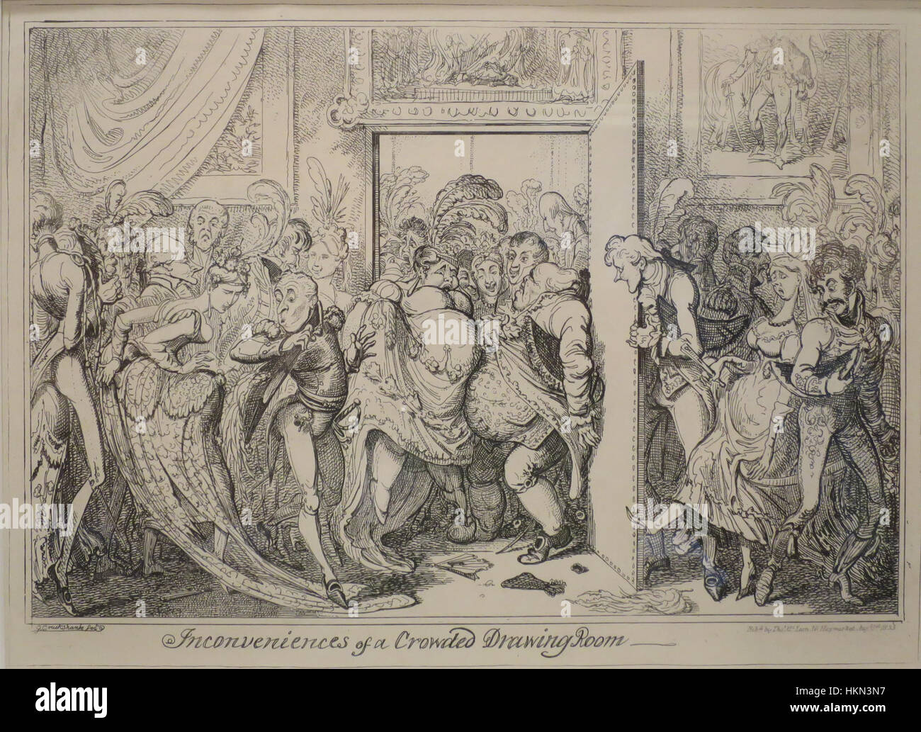 L’illustrazione del 1818 di George Cruikshank “Inconvenience of a crowded Drawing Room” satirizza le condizioni sociali dell’inizio del XIX secolo. Critica umoristicamente le maniere e l'etichetta della classe superiore di Londra durante il periodo della Reggenza. Foto Stock
