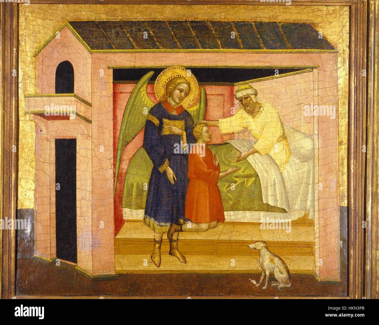 Questo dipinto degli anni '1390 di Angelo Puccinelli raffigura la scena biblica di Tobit che benedice suo figlio Tobias, con l'Arcangelo Raffaello presente. Mostra l'arte religiosa tardo medievale. Foto Stock