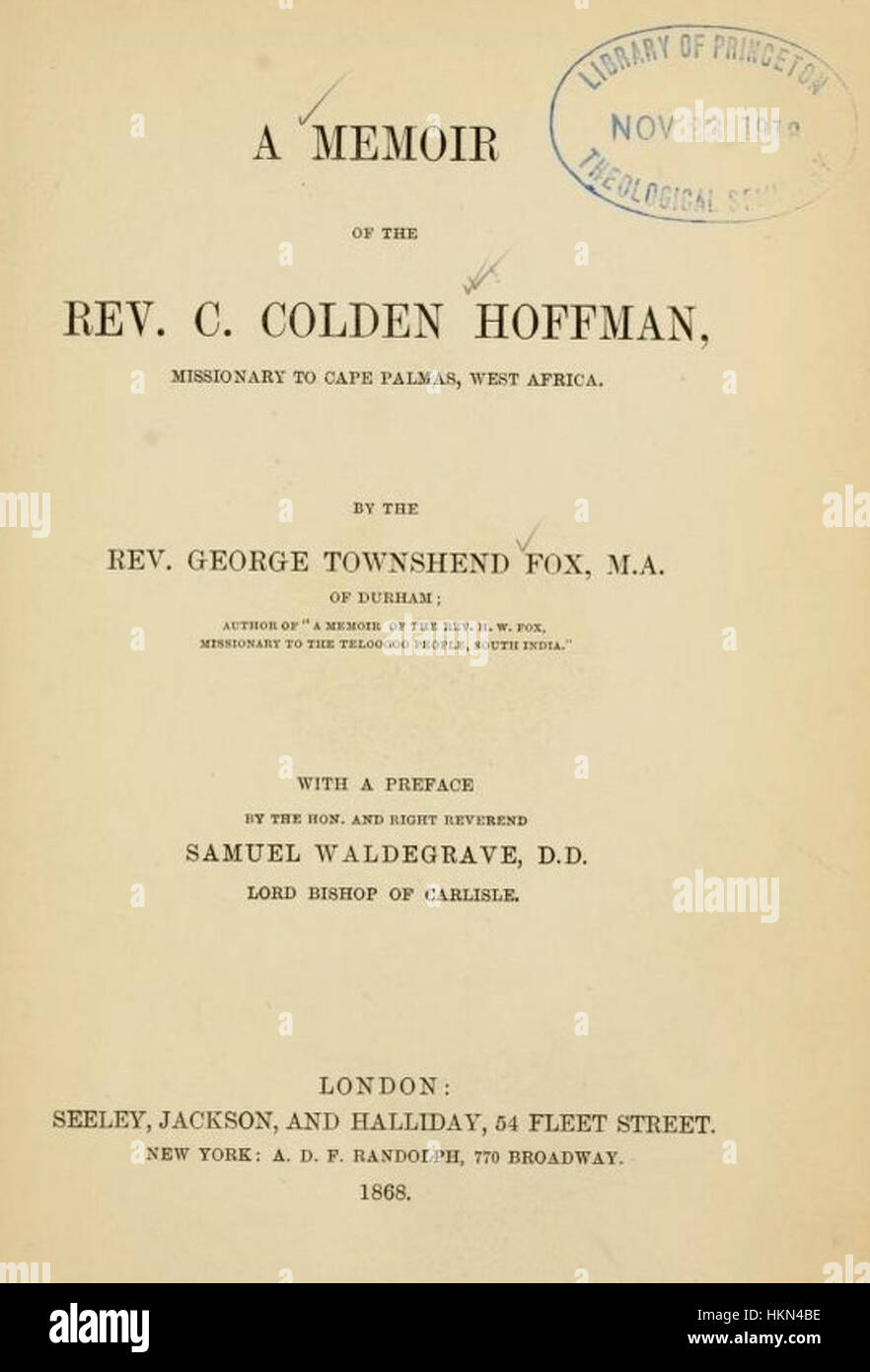 FOX(1868) un ricordo del Rev. C. Colden Hoffman, missionario di Cape Palmas, Africa occidentale Foto Stock