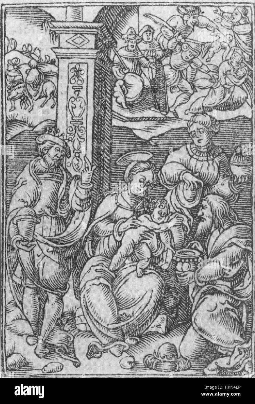 L'Adorazione dei Magi della Biblia Picturis illustrata (1540) illustra la scena biblica in cui i tre saggi presentano i loro doni al bambino Gesù. La dettagliata incisione in legno mette in risalto il significato religioso dell'evento, caratteristico dell'arte religiosa rinascimentale. Foto Stock