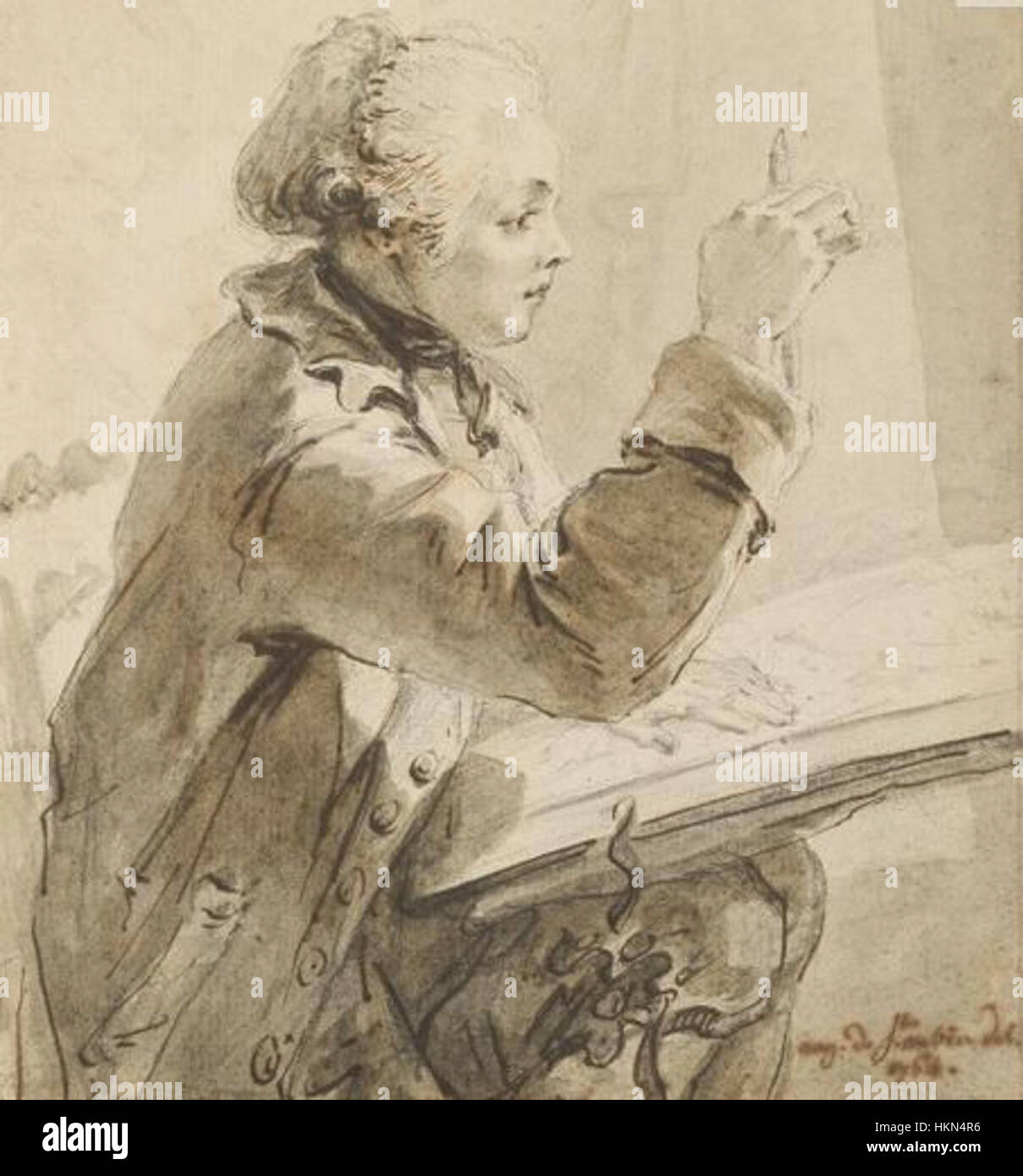 Un ritratto di Augustin de Saint-Aubin, famoso per le sue raffinate opere del XVIII secolo. Il dipinto esemplifica la sua caratteristica attenzione al dettaglio e maestria nel rendere figure storiche con grazia e precisione. Foto Stock