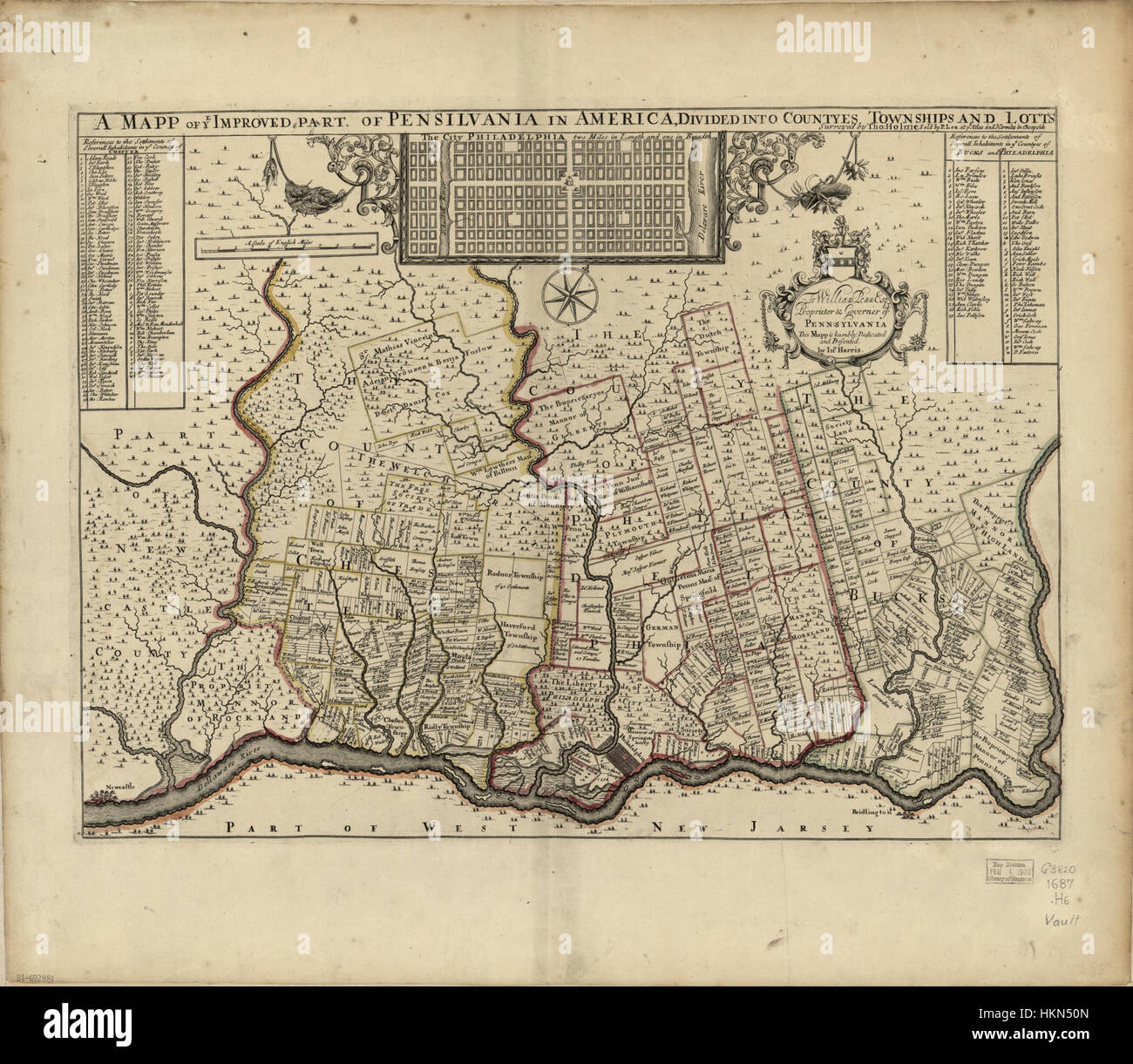 Questa mappa storica, intitolata "A Mapp of Ye Improved Part of Pensilvania in America", illustra le contee, le township e la maggior parte della Pennsylvania nella prima storia americana, mostrando lo sviluppo della regione e la distribuzione del territorio. Foto Stock