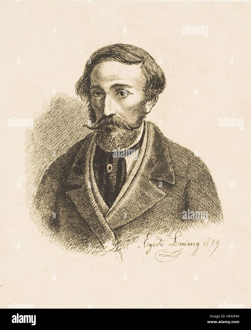L'autoritratto di Egide Linnig, creato nel XIX secolo, riflette la sua abilità nel catturare l'essenza dell'identità personale. Questo dipinto mostra la sua maestria nella ritrattistica realistica, un esempio significativo dell'arte belga di quell'epoca. Foto Stock