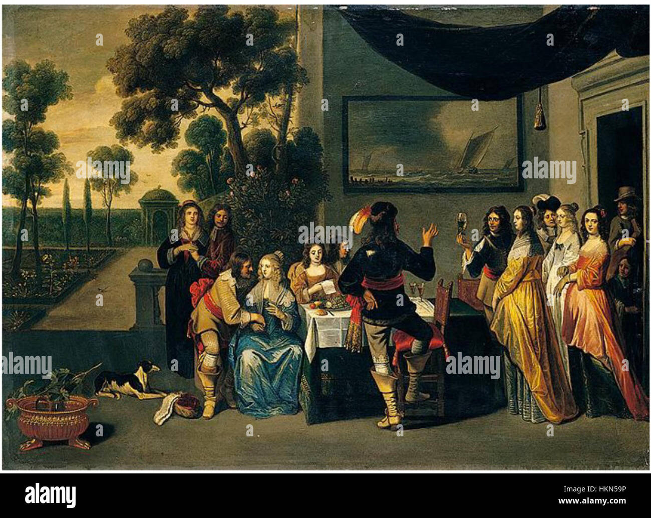 Questo elegante dipinto del XVII secolo di Christoffel Jacobsz. Van der Lamen raffigura un gruppo di individui raffinati su una terrazza, catturando la loro interazione sociale e abbigliamento alla moda. La scena evidenzia la maestria dell'artista nel rappresentare la società alla moda del XVII secolo e le complessità della vita quotidiana tra le élite. Foto Stock