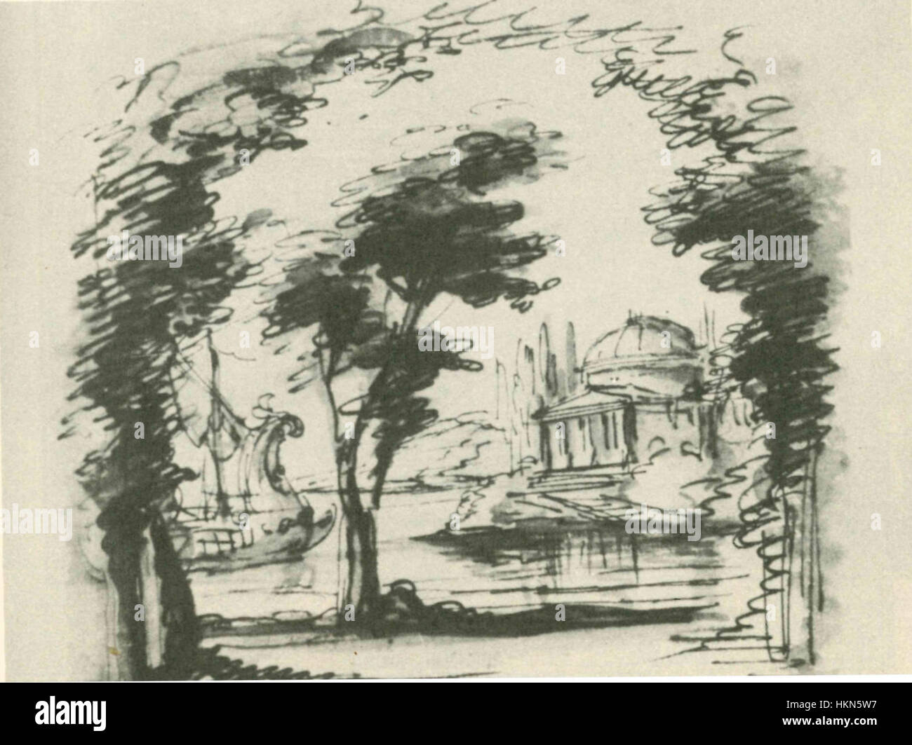 Il progetto scenico di Filippo Juvarra per "Amor d'un ombra - atto i" (forse di Domenico Scarlatti) riflette l'estetica teatrale barocca, mostrando elaborati ornamenti e dettagli architettonici. Questa opera d'arte cattura la grandiosità e l'intricata scenografia associata all'opera italiana del XVIII secolo. Foto Stock