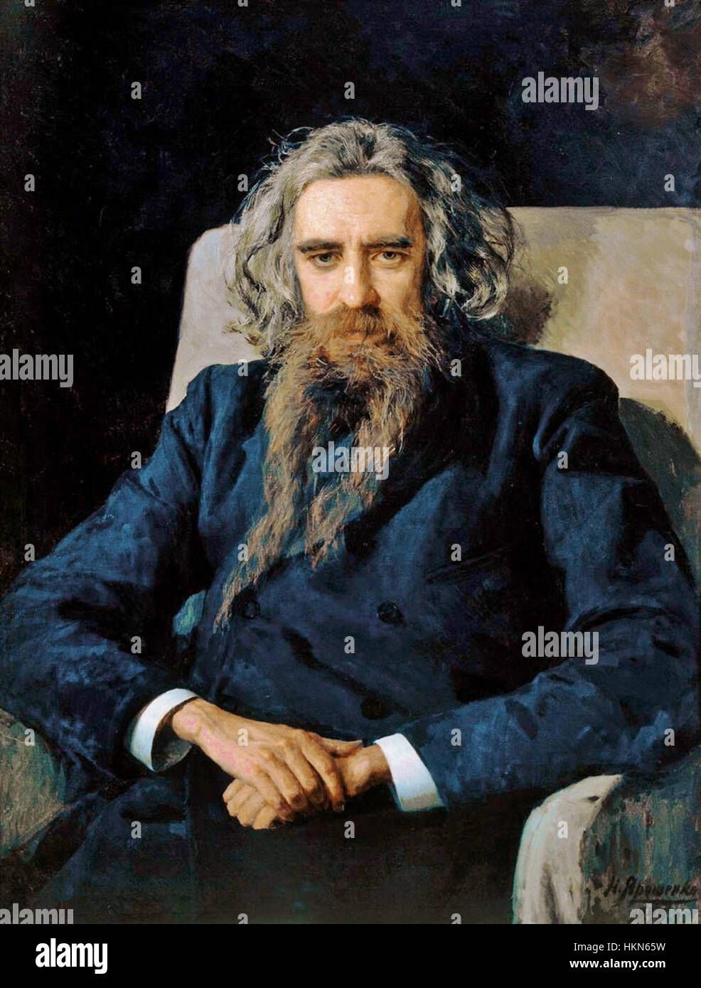 Questo ritratto del 1892 del filosofo russo Vladimir Solovyov, dipinto da Nikolay Jarochenko, cattura l'essenza intellettuale di Solovyov, una figura chiave del pensiero e della filosofia russi durante la fine del XIX secolo. Foto Stock