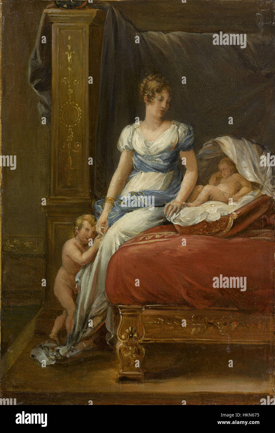 Questa opera d'arte ritrae Caroline Murat con i suoi figli, riflettendo gli stretti legami familiari e la storia culturale del periodo. Il dipinto ad olio cattura un momento tenero, evidenziando lo status aristocratico dei soggetti, mentre mostra l'abilità dell'artista nel ritrarre le relazioni familiari in un contesto storico. Foto Stock