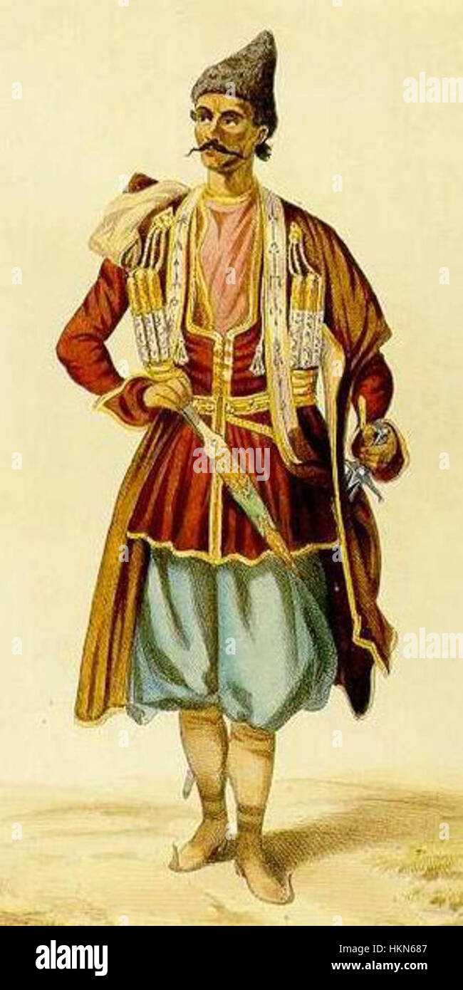 Questo ritratto raffigura un uomo azero della regione del Karabagh, che cattura l'essenza culturale e l'abbigliamento tradizionale della regione. L'opera d'arte è un'importante rappresentazione della storia e dell'identità azera. Foto Stock