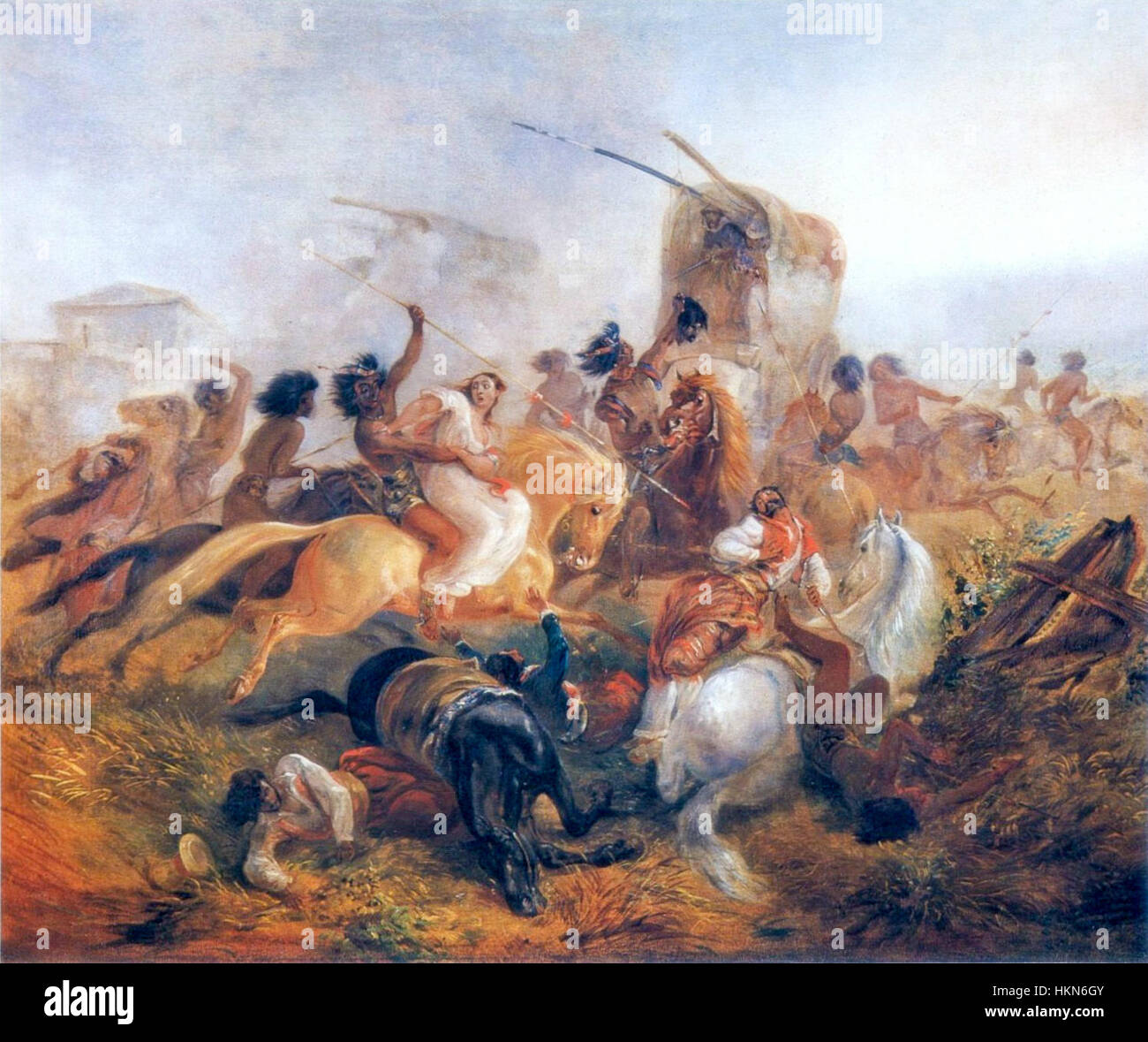 Questo dipinto di Johann Moritz Rugendas ritrae i soldati argentini sotto attacco da parte delle forze indigene durante i conflitti del XIX secolo in Sud America. L'immagine riflette l'intensità e la lotta di questi primi conflitti coloniali. Foto Stock