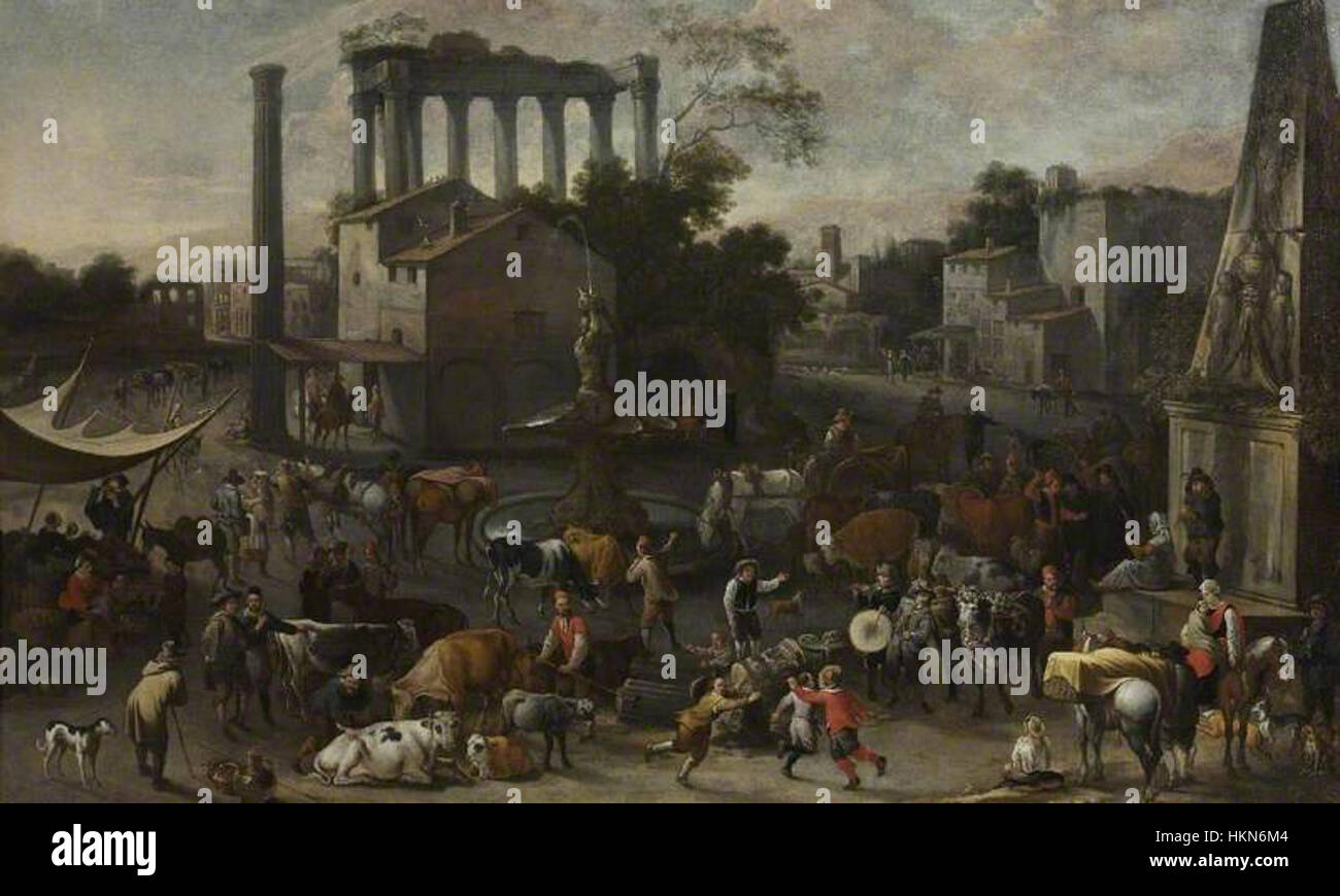 Il dipinto di Adriaen de Bie *campo Vaccino, Roma* cattura una vista panoramica del foro Romano, mostrando le antiche rovine contro un cielo vibrante. L'artista trasmette magistralmente la grandezza storica e architettonica di Roma, sottolineando il contrasto tra natura e antiche strutture. Foto Stock