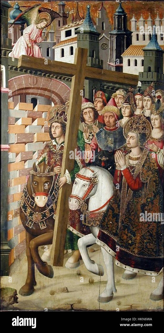 Il dipinto di Martin Bernat "Sant'Elena ed Eraclio che porta la Santa Croce a Gerusalemme" rappresenta un momento chiave della storia cristiana. L'opera d'arte ritrae Sant'Elena e l'imperatore Eraclio durante il viaggio per riportare la Santa Croce a Gerusalemme nel VII secolo. Foto Stock