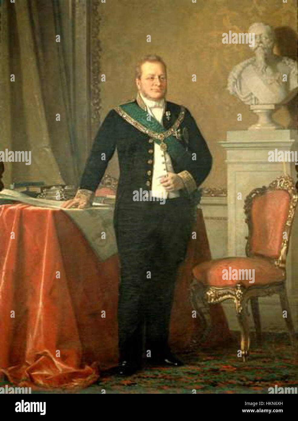 Questo ritratto di Camillo Benso Conte di Cavour, importante statista italiano, rappresenta la figura influente che ha svolto un ruolo chiave nell'unità d'Italia. Il dipinto enfatizza le sue caratteristiche dignitose e il suo significato politico. Foto Stock