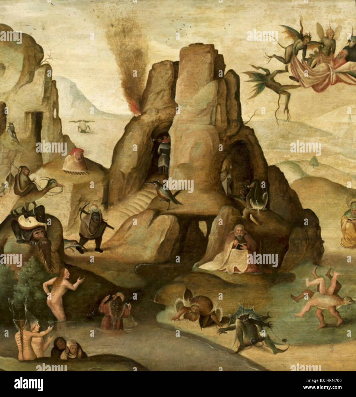 *Mandijn's Temptation of Sant'Antonio* è un dipinto religioso che raffigura le prove affrontate da Sant'Antonio durante la sua ritirata nel deserto. L'opera presenta immagini fantastiche mentre Sant'Antonio incontra tentazioni demoniache, il tutto con dettagli vividi e contrasti drammatici. Foto Stock