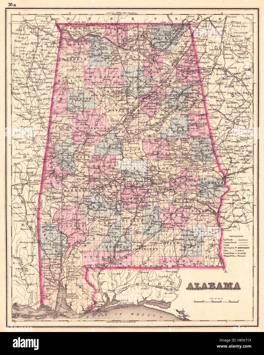 Questa mappa del 1876 delle contee dell'Alabama evidenzia la struttura geografica e le divisioni amministrative durante il periodo post-guerra civile. La mappa offre una visione dettagliata delle contee dello stato, aiutando a comprendere i suoi confini storici e la sua struttura politica. Foto Stock