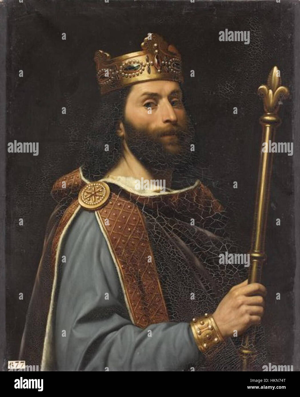 Questo ritratto, intitolato "Louis the Stammerer", è dell'artista Amiel e rappresenta il re Luigi II di Francia, noto per il suo impedimento al discorso. Il dipinto cattura la dignità reale del re nonostante le sue sfide fisiche. Foto Stock