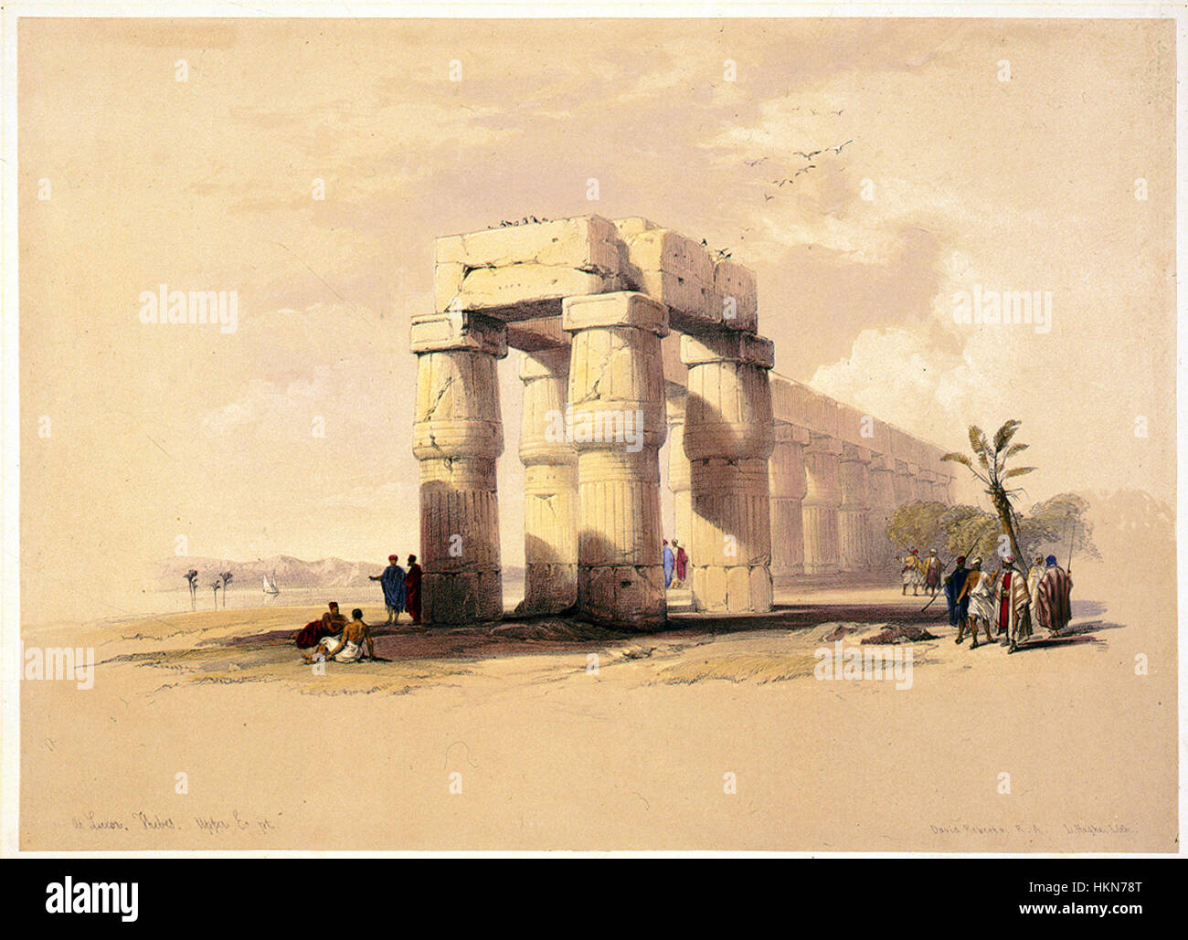 Il dipinto di David Roberts "a Luxor, Tebe, alto Egitto" cattura la grandezza dell'antica architettura egizia, concentrandosi sulle rovine del tempio di Luxor a Tebe. Roberts è noto per le sue dettagliate raffigurazioni del mondo antico. Foto Stock