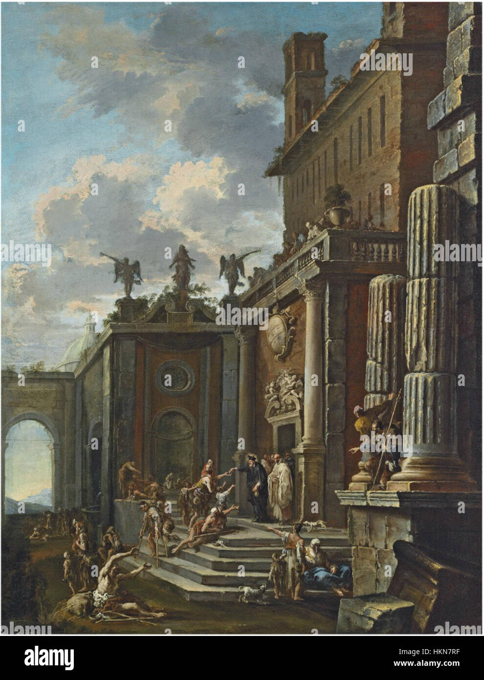 "Un santo che dà l'elemosina alla porta di una chiesa" di Alessandro Magnasco e Clemente spera cattura una scena religiosa ambientata di fronte a una chiesa. Il dipinto mostra l'atto di carità del santo, sottolineando temi religiosi di compassione e generosità. Foto Stock