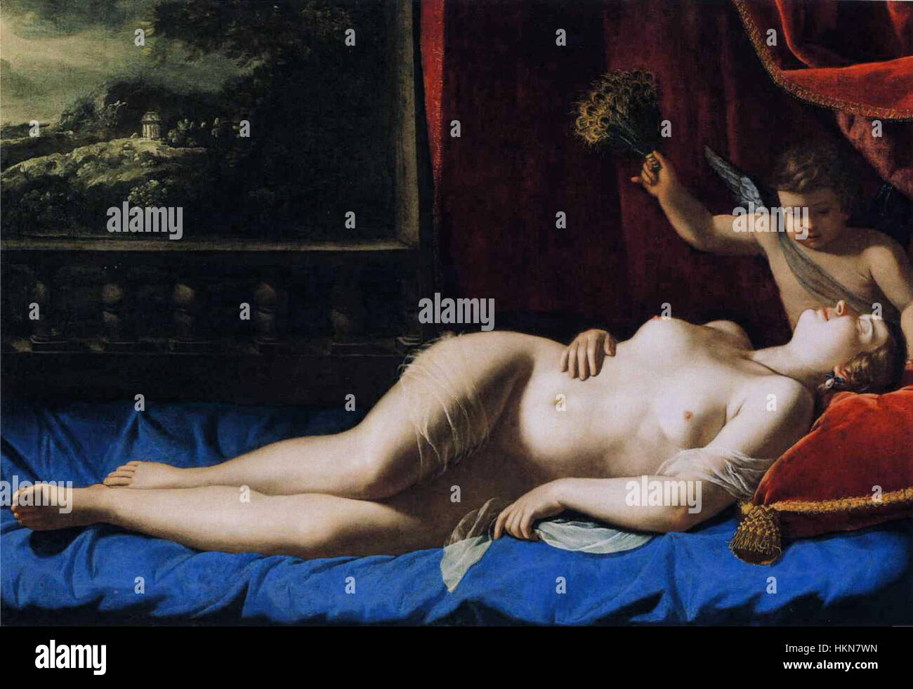 La "Venere addormentata" di Artemisia Gentileschi ritrae la classica figura mitologica di Venere in una posa serena e sdraiata. Nota per la sua profondità emotiva, il lavoro di Gentileschi cattura sia la bellezza che la vulnerabilità. Foto Stock