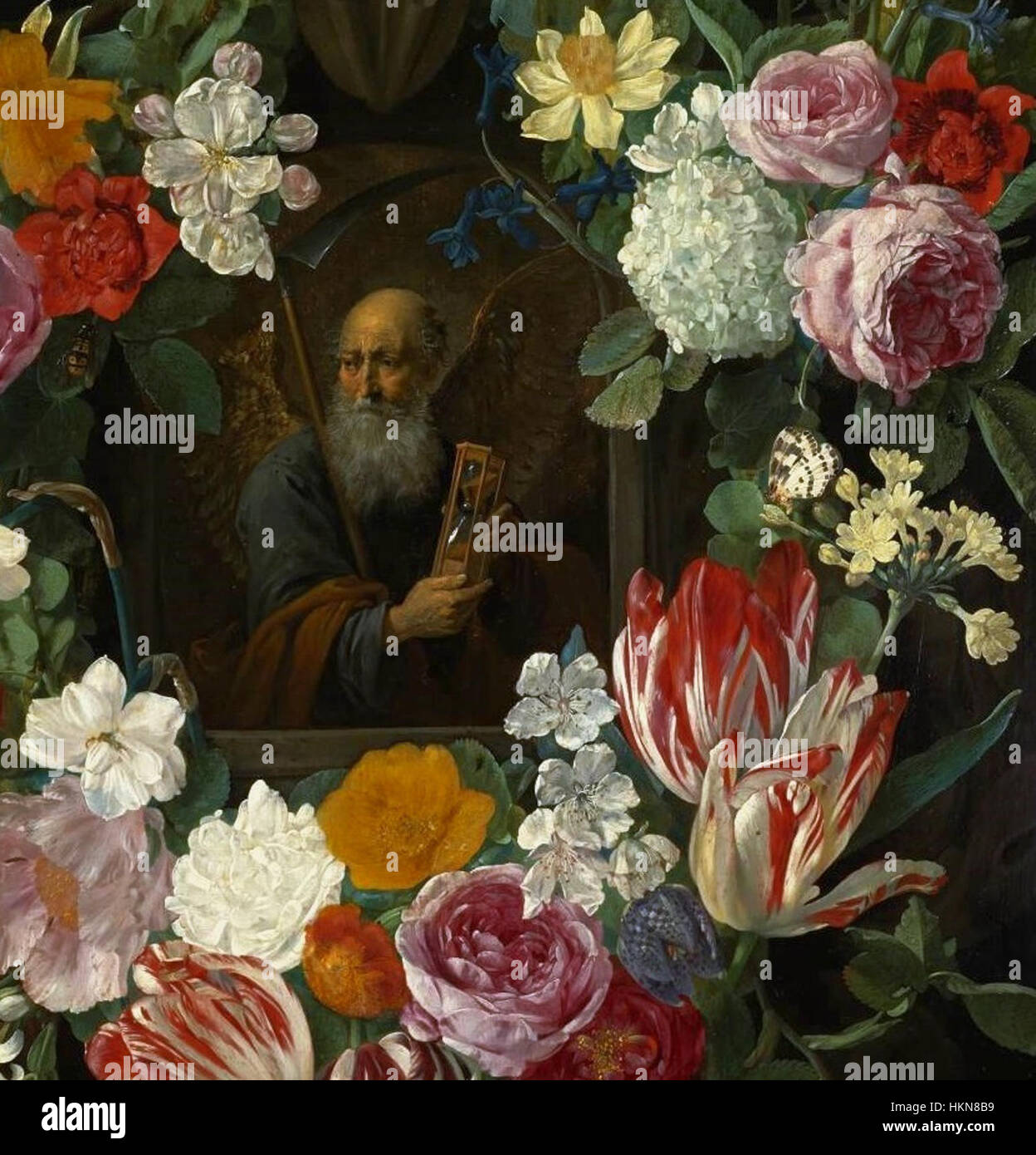 Questo dettaglio di pittura, 'personificazione del tempo' di Luyckx, presenta una rappresentazione allegorica del tempo. L'immagine utilizza tecniche classiche per rappresentare il tempo come un concetto astratto, mostrando l'abilità di Luyckx nel trasmettere temi filosofici attraverso l'arte visiva. Il pezzo è un esempio perspicace di arte allegorica del XVII secolo. Foto Stock