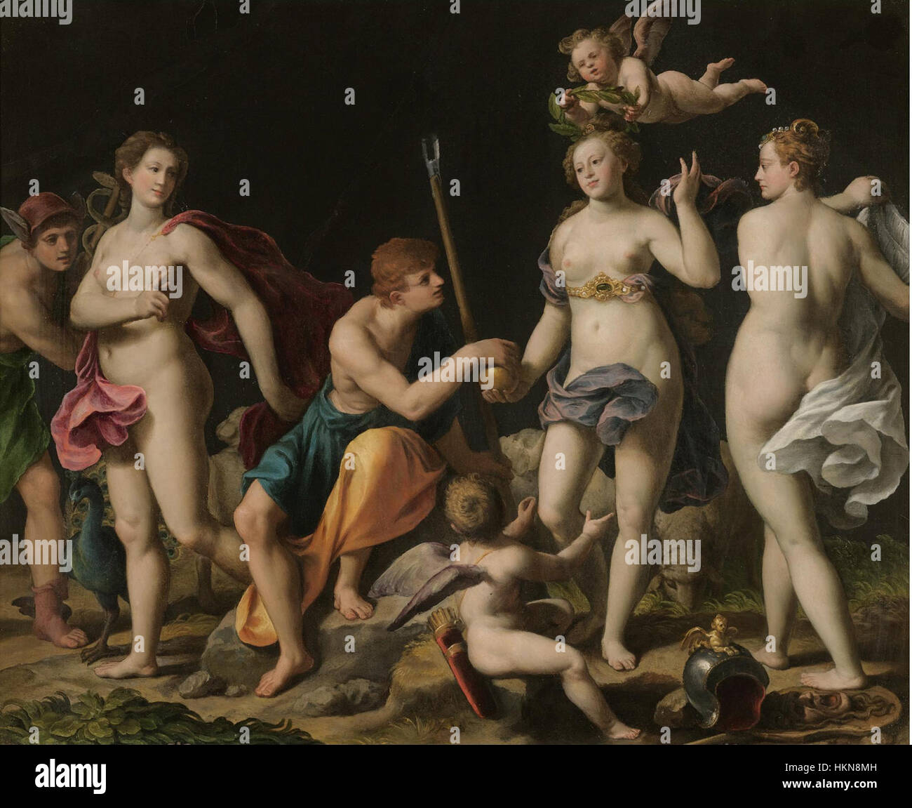"Il giudizio di Parigi" di Alessandro Turchi è un dipinto barocco che raffigura la storia mitologica di Parigi, il principe di Troia, e la sua scelta tra le dee era, Atena e Afrodite. Foto Stock