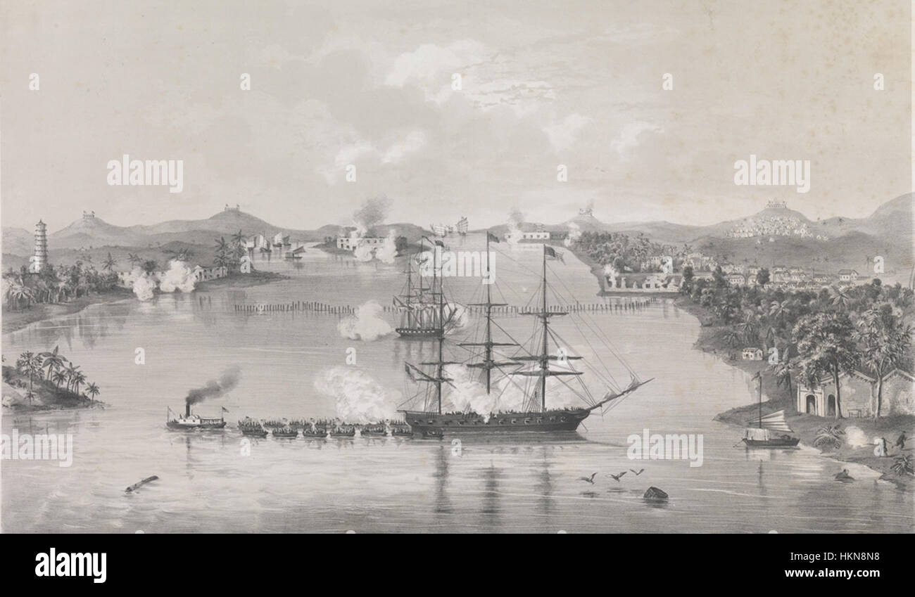 Il dipinto "Attack on the Barrier Forts" raffigura uno storico assalto militare alle fortificazioni. L'opera è celebrata per la sua drammatica rappresentazione di scene di battaglia, che riflettono i momenti intensi e le tattiche militari strategiche dell'epoca. Foto Stock