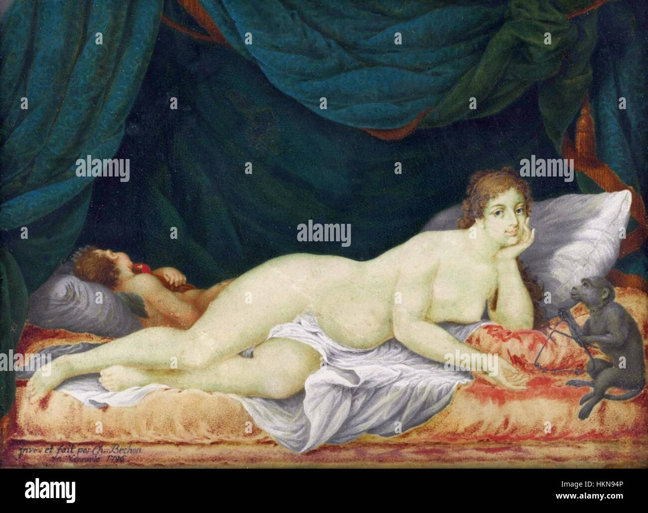 *Sdraiare Venere con Cupido e una scimmia* di Bechon è un dipinto ad olio classico, raffigurante Venere in una posa rilassata, accompagnato da Cupido e una scimmia. L'opera è una miscela di temi mitologici e raffigurazioni naturalistiche di figure. Foto Stock
