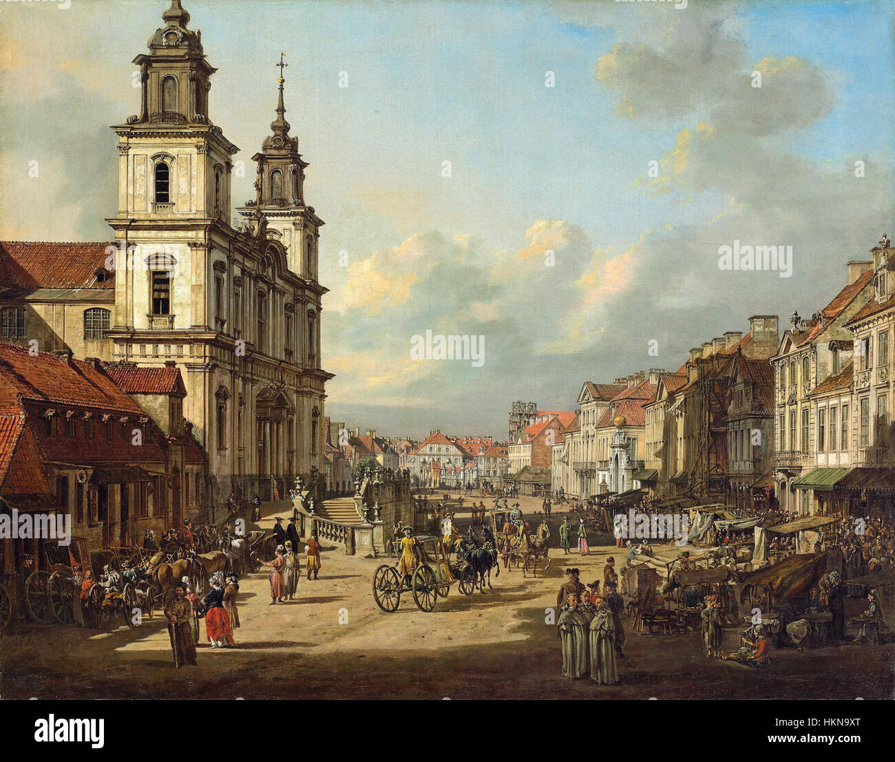 Il dipinto di Bernardo Bellotto della Chiesa di Santa Croce a Varsavia è una rappresentazione esemplare dell'architettura barocca del XVIII secolo. Il pezzo enfatizza la grandezza e i dettagli del design della chiesa, riflettendo la brillantezza artistica dell'epoca. Foto Stock