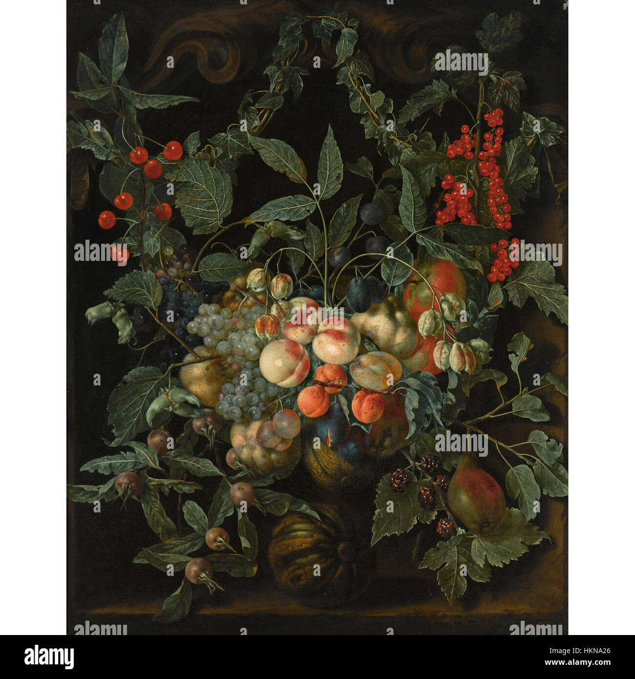 L'opera di Jan van Kessel Still Life presenta una varietà di frutti come pesche, pere, meloni, prugne e altri, elegantemente sistemato in una nicchia di pietra. Il dipinto mette in risalto la bellezza e i dettagli della natura attraverso una vibrante composizione. Foto Stock