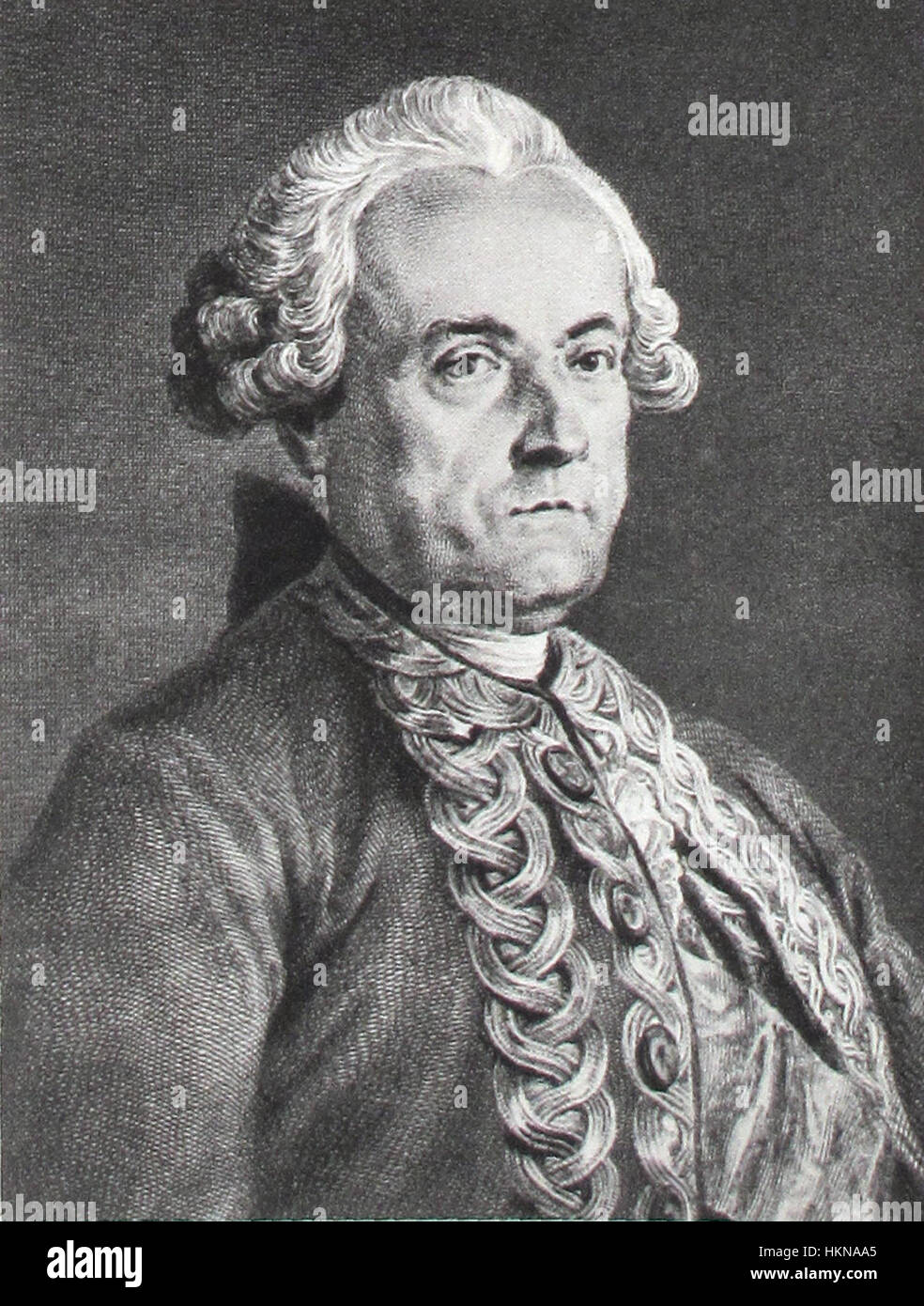 Questa incisione raffigura le storiche scene di battaglia navale che coinvolgono Lamotte Picquet, un ammiraglio francese. L'opera d'arte della battaglia cattura l'intensa azione in mare, mostrando la flotta navale francese nel XVIII secolo. L'illustrazione mette in evidenza le tattiche di guerra navale, la progettazione navale e il ruolo significativo della potenza navale nei conflitti europei dell'epoca. Foto Stock