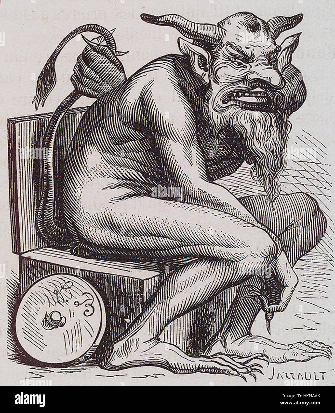 Questa opera d'arte di Belphegor, una figura della demonologia, mostra la rappresentazione artistica di un demone noto per la sua connessione con il bradipo e il vizio. Foto Stock