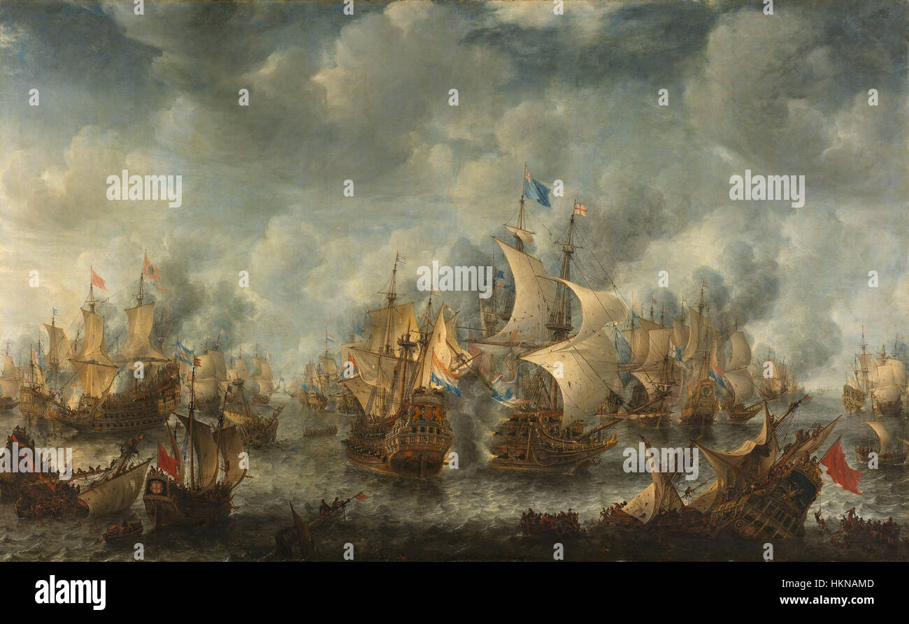 "La battaglia di Scheveningen" (Slag bij ter Heijde) dipinto da Jan Abrahamsz. Beerstraten cattura il conflitto navale tra gli olandesi e gli inglesi durante la seconda guerra anglo-olandese. L'opera è una vivida rappresentazione della guerra navale nel XVII secolo. Foto Stock