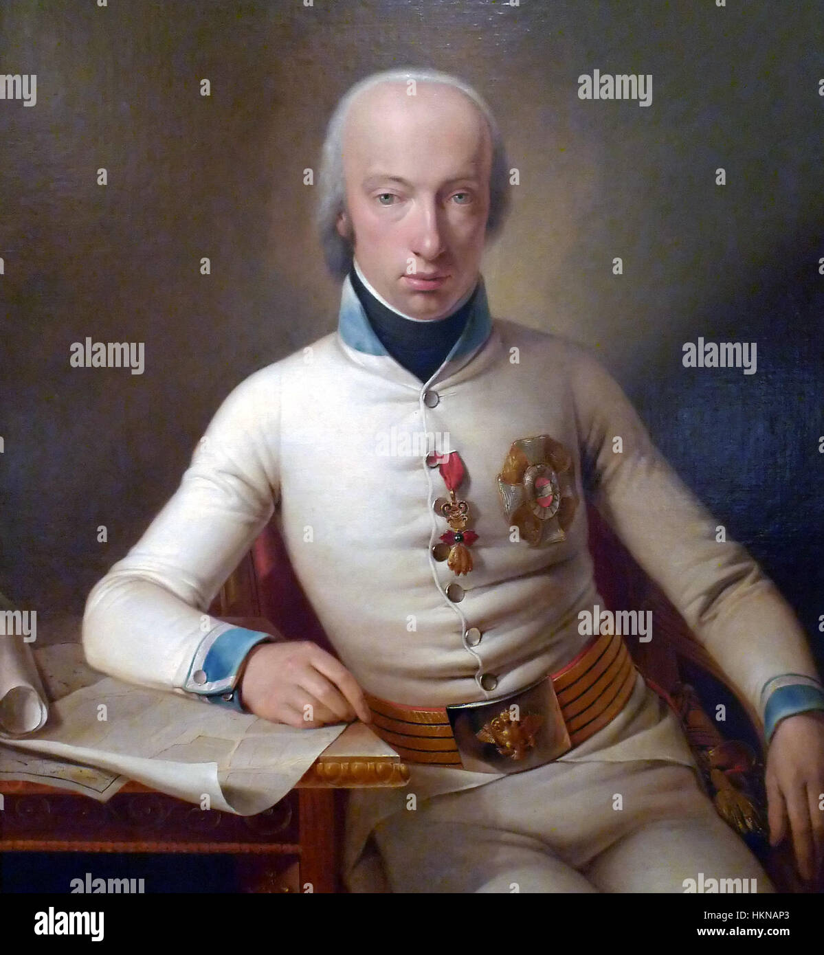 Il ritratto dell'arciduca Carlo d'Austria, dipinto da J.B. Seele nel 1800, cattura la figura austriaca nota per il suo ruolo militare. Il ritratto è una rappresentazione significativa dell'aristocrazia europea del XVIII secolo. Foto Stock