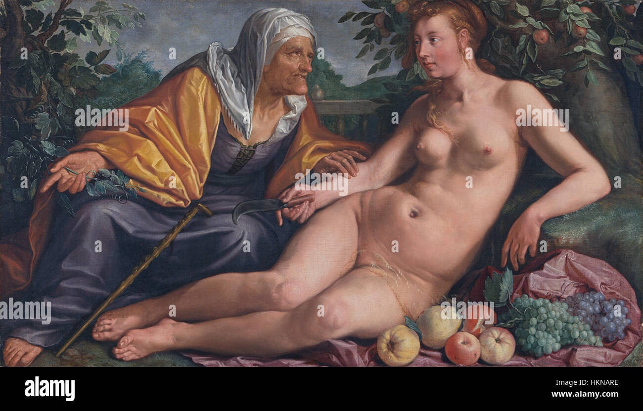 'Vertumnus e Pomona' di Hendrik Goltzius è un dipinto a olio che raffigura le figure mitologiche Vertumnus e Pomona, illustrando temi classici e l'arte dell'epoca rinascimentale. Foto Stock