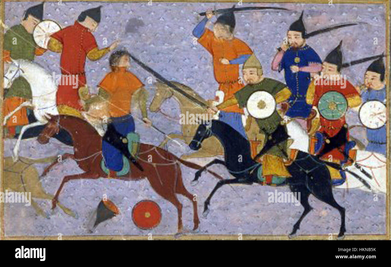 Questo dipinto intitolato "Bataille entre Mongols & Chinois (1211)" illustra la battaglia tra i Mongoli e i cinesi nel 1211. L'opera d'arte cattura l'intensità e il significato storico del conflitto durante le invasioni mongole della Cina. Foto Stock